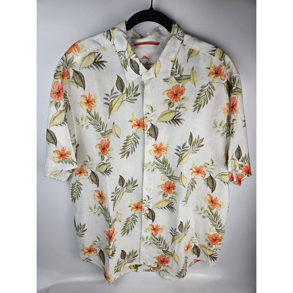 Tommy Bahama Mens XL Relaxed Linen‎ Camp Shirt Orange Tropical Short Sleeve